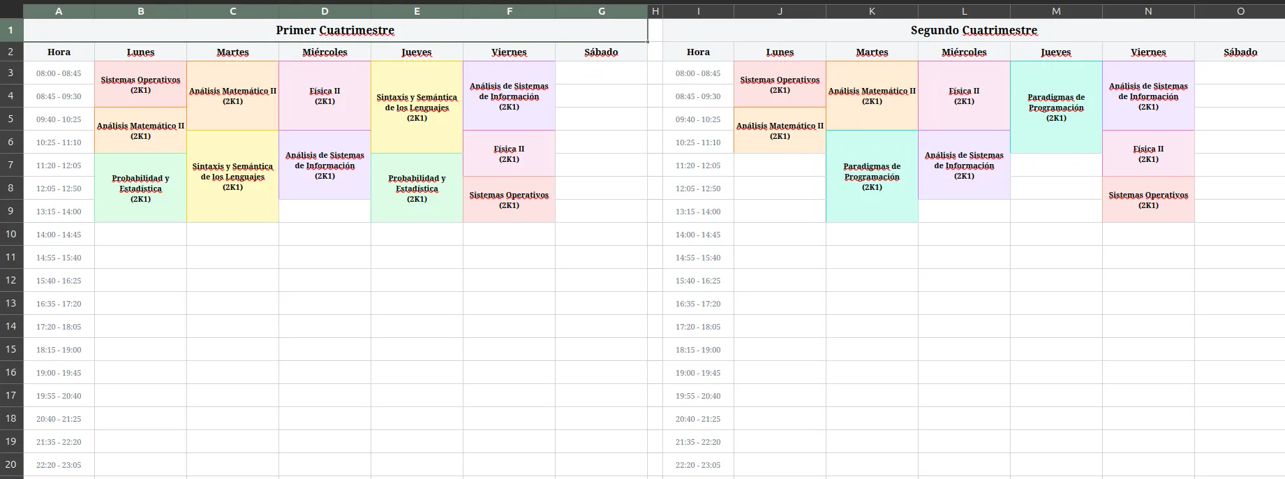 Horario exportado como Excel