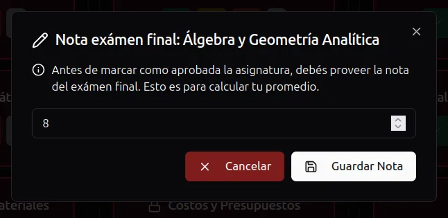 Modal para registrar la nota